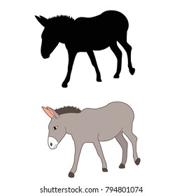  isolated, silhouette of a donkey goes on a white background