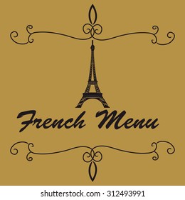 Isolated silhouette of the eiffel tower on a menu design with text. Vector illustration