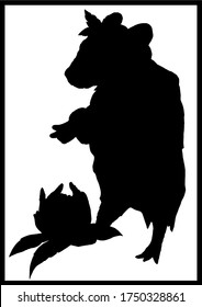 Isolated silhouette fairytale character in full growth of kind, friendly forest Senor badger in pants and shirt with a leaves on his head, with kindly outstretched arm and with flower under the paw.