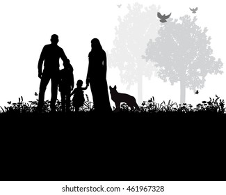 isolated, silhouette of family walking with dog in nature