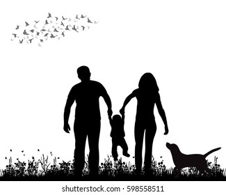 isolated, silhouette family walking on grass, playing