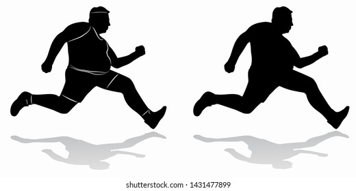 isolated silhouette of fat man runner , black and white drawing, white background