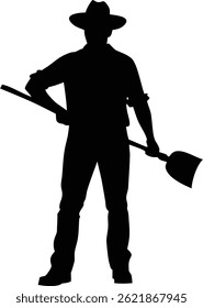 Isolated silhouette features a man wearing a hat, dressed in casual attire with rolled-up sleeves, standing confidently and holding a shovel. His posture conveys strength.
