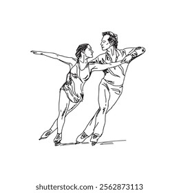 isolated silhouette of figure skating couple , black and white drawing, white background