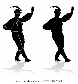 isolated silhouette of folklore dancer , black and white drawing, white background