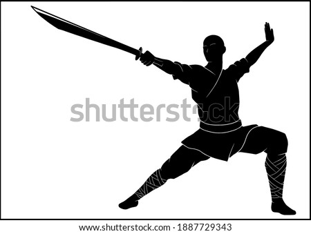 Isolated silhouette of a full growth fighter, martial arts master, kung fu warrior, a Shaolin monk in a kimono with a long sharp sword, in a fighting stance with your arm outstretched, no background.