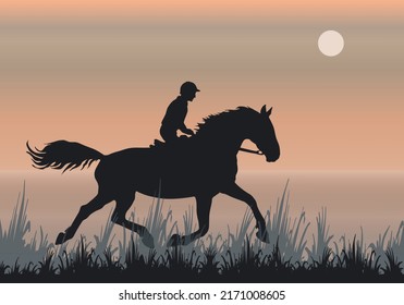 isolated silhouette of a galloping rider against the sky, a rider riding a horse running at a trot