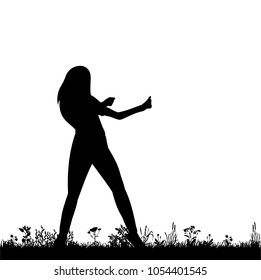  isolated silhouette of girl dancing on grass on white background