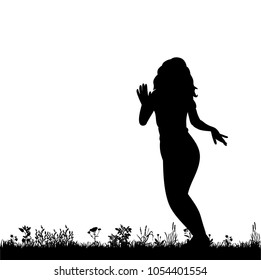 isolated silhouette of girl dancing on grass