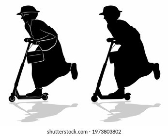 isolated silhouette of  grandmother on a scooter, black and white vector drawing, white background