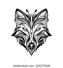 Isolated silhouette of a Gray Wolf on a white. A black and white drawing of a fox's head with a pattern of lines on it's face