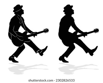 isolated silhouette of a guitarist player, black and white vector drawing, white background