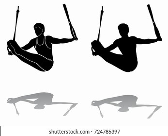 isolated silhouette of gymnast on still rings, black and white drawing, white background