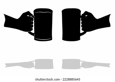 isolated silhouette of a hand holding a pitcher of beer, black and white drawing, white background