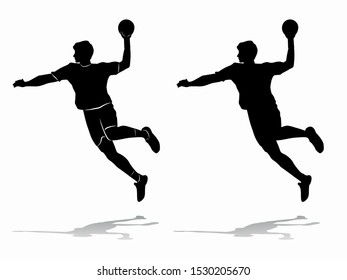 isolated silhouette of handball player,  black and white vector drawing, white background 