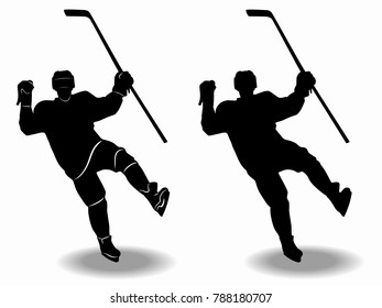 isolated silhouette of ice hockey player, black and white drawing, white background