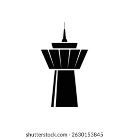 Isolated silhouette illustration of a tower with an observation deck and a spire, presented in solid black against a plain white backdrop. Architectural design icon.