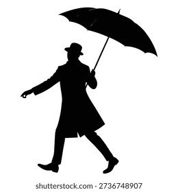 Isolated silhouette image depicting a man walking in a long raincoat and fedora hat, holding an open umbrella, against a white backdrop in striking detail.