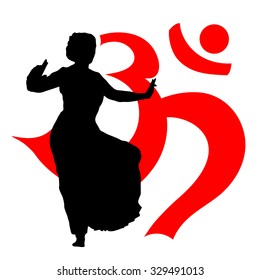 Isolated silhouette of indian dancers with omkara symbol. Vector illustration.