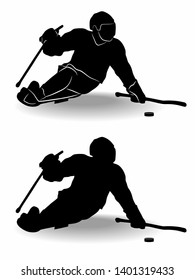 isolated silhouette of an invalid ice hockey player , black and white drawing, white background