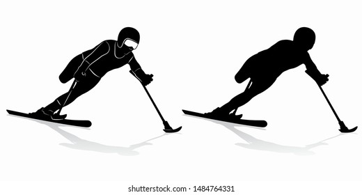 isolated silhouette of a invalid skier, black and white drawing, white background