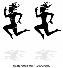 isolated silhouette of jumping woman, black and white drawing, white background