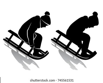isolated silhouette of a kid riding a sleigh, black and white drawing, white background
