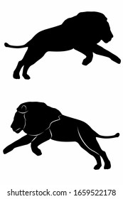 isolated silhouette of lion , black and white vector drawing, white background