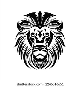 Isolated silhouette of a Lion on a white. A lion's head with a black and white background, with a long mane and a large, ornate crown