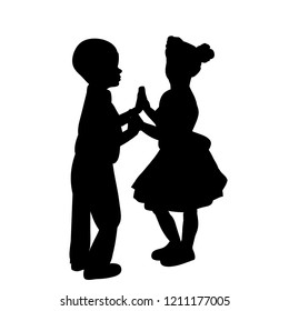 isolated, silhouette little girl and boy are dancing