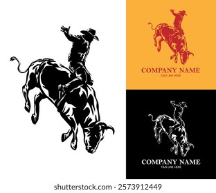 isolated silhouette logo of cowboy riding the bull