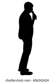 isolated silhouette man singing, microphone