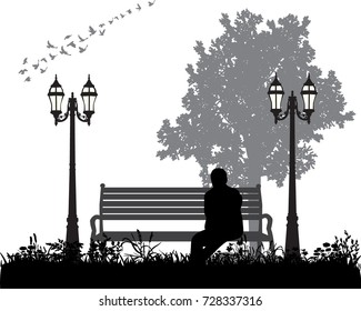 isolated, silhouette man sitting on a bench