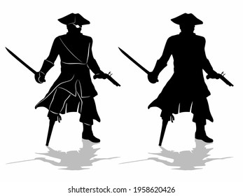 Isolated Silhouette Of A Medieval Captain Pirate, Black And White Vector Drawing, White Background