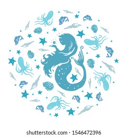 Isolated silhouette of mermaid underwater with long hair, little fishes, shells, starfish, octopus. Vector illustration on white background for kids fashion artworks, logo design.