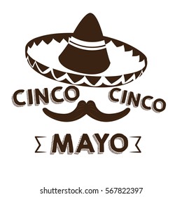 Isolated silhouette of a mexican hat and a mustache, Cinco de mayo vector illustration