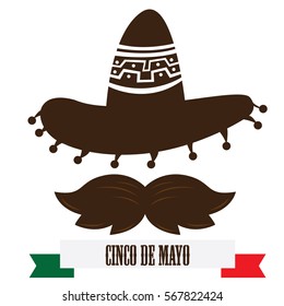Isolated silhouette of a mexican hat and a mustache, Cinco de mayo vector illustration