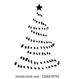 The isolated silhouette of new year tree in black dots on a white background. The simple and elegant design for decorations, prints on wrapping paper and cards. Star, spots