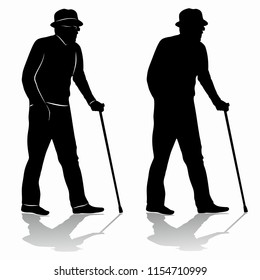 isolated silhouette of an old man on a walk . black and white drawing. white background