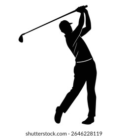 Isolated silhouette on a white background depicts a golfer, wearing a cap, swinging his club overhead in mid action with transparent background.