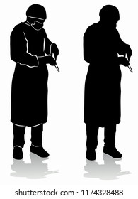 isolated silhouette of an operating surgeon, black and white drawing, white background