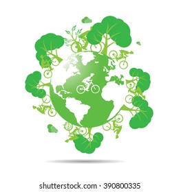 Isolated silhouette of our planet with trees and people riding bicycles on a white background