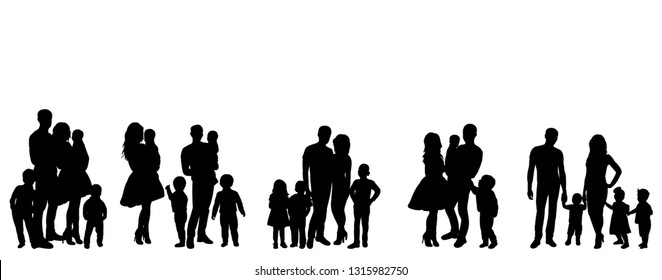 isolated, silhouette people with children stand, family