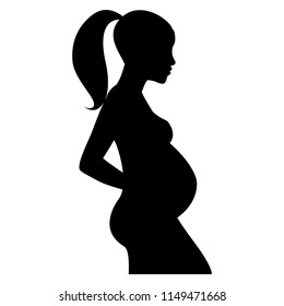 Isolated silhouette of pregnant woman. Vector icon of future mother in profile.  Silhoete of expecting mother with pony tail. Vector illustration.
