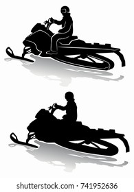 isolated silhouette of a rider on a snow scooter , black and white drawing, white background