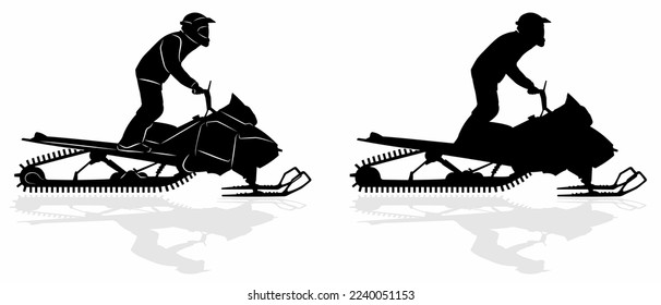 isolated silhouette of a rider on a snowmobile , black and white drawing, white background