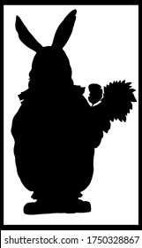 Isolated silhouette, romantic character, cute, kind rabbit with plump cheeks and long ears in jacket, hold large sunflower in paw, the other paw behind his back, with collar on neck, no background.