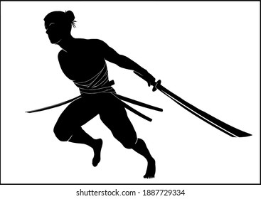 Isolated silhouette running fighter of a full growth with his arms wide open and long swords, martial arts master with a bare torso in bandages and pants, kung fu warrior in dynamic pose, no backdrop.