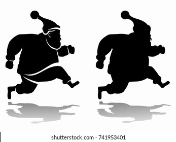 isolated silhouette of a running santa claus, black and white drawing, white background