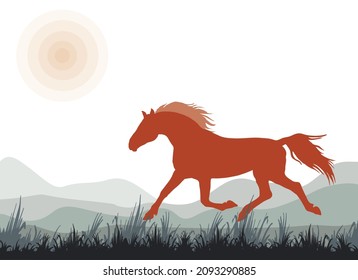 
 isolated silhouette of a running trotter against the landscape. sun. esp.10